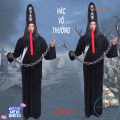 Bộ Trang Phục Halloween Cương Thi - Bạch Vô Thường với Mặt Nạ, Tóc Nhân Tạo và Đồ Trang Trí Hắc Ám Thú Vị