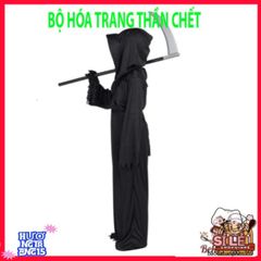 Bộ 4 Món Trang Phục Thần Chết Halloween Cho Trẻ Em và Người Lớn - Áo Choàng, Mặt Nạ, Găng Tay, Lưỡi Hái Ma Quái