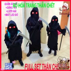 Bộ 4 Món Trang Phục Thần Chết Halloween Cho Trẻ Em và Người Lớn - Áo Choàng, Mặt Nạ, Găng Tay, Lưỡi Hái Ma Quái