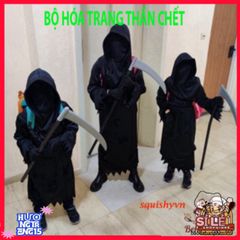 Bộ 4 Món Trang Phục Thần Chết Halloween Cho Trẻ Em và Người Lớn - Áo Choàng, Mặt Nạ, Găng Tay, Lưỡi Hái Ma Quái