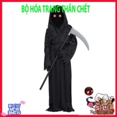 Bộ 4 Món Trang Phục Thần Chết Halloween Cho Trẻ Em và Người Lớn - Áo Choàng, Mặt Nạ, Găng Tay, Lưỡi Hái Ma Quái