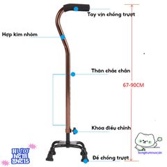 Gậy Chống Đa Năng 4 Chân Hợp Kim Nhôm Chống Gỉ Cho Người Cao Tuổi - Điều Chỉnh Chiều Cao 67-90cm, Dễ Dàng Sử Dụng