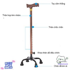 Gậy Chống Đa Năng 4 Chân Hợp Kim Nhôm Chống Gỉ Cho Người Cao Tuổi - Điều Chỉnh Chiều Cao 67-90cm, Dễ Dàng Sử Dụng