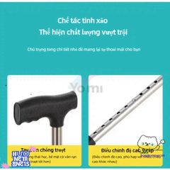 Gậy Chống Trượt Inox Bốn Chân Điều Chỉnh Cao 65-90cm - Thiết Bị Đi Lại Dành Cho Người Già, Hỗ Trợ Phục Hồi Chấn Thương