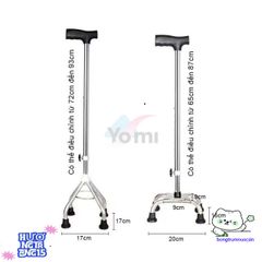 Gậy Chống Trượt Inox Bốn Chân Điều Chỉnh Cao 65-90cm - Thiết Bị Đi Lại Dành Cho Người Già, Hỗ Trợ Phục Hồi Chấn Thương