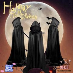 Áo Choàng Halloween Đen Mũ Trùm Đầu - Hóa Trang Phù Thủy & Ma Cà Rồng Cho Trẻ Em & Người Lớn - Thời Trang Cosplay 90/120 cm