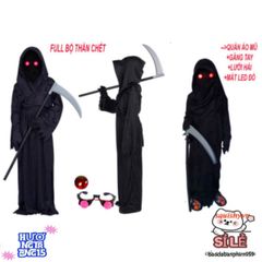 Bộ Trang Phục Thần Chết Full Set 4 Món - Áo Choàng, Găng Tay, Kính LED Đỏ Rực, Lưỡi Hái Kinh Dị Cho Halloween