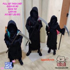 Bộ Trang Phục Thần Chết Full Set 4 Món - Áo Choàng, Găng Tay, Kính LED Đỏ Rực, Lưỡi Hái Kinh Dị Cho Halloween