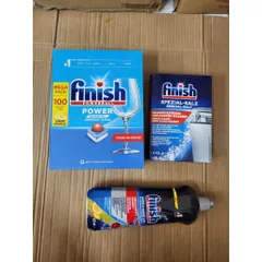 Bộ sản phẩm Finish cho máy rửa chén - Viên rửa bát 100 viên, Muối 1.2kg, Nước làm bóng 800ML - Chính hãng Châu Âu