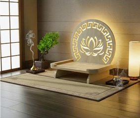 Bàn Thờ Phật Bồ Tát Hào Quang Hoa Sen - Gỗ MDF Chống Ẩm Tích Hợp Đèn LED Ấm 48x28x41cm - Vật Phẩm Phong Thủy Hiện Đại