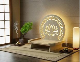 Bàn Thờ Phật Bồ Tát Hào Quang Hoa Sen - Gỗ MDF Chống Ẩm Tích Hợp Đèn LED Ấm 48x28x41cm - Vật Phẩm Phong Thủy Hiện Đại