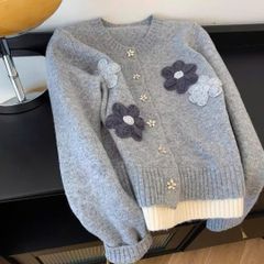 Áo len Cardigan hoa nổi màu xám nữ - Phong cách Hàn Quốc, Size M - Thời trang dạo phố mùa đông