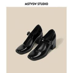 Giày Cao Gót Wego Giafy Lolita 7cm - Da Tổng Hợp Đen Bóng Cho Trang Phục Công Sở & Đầm Vintage