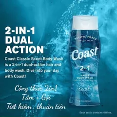 Dầu Tắm Gội Coast 2IN1 532ml - Sữa Tắm & Dầu Gội Gel Nam Tính, Hương Thơm Lâu, Dưỡng Ẩm, Sạch Sẽ, Mềm Mại, Tiện Lợi Dùng Hàng Ngày