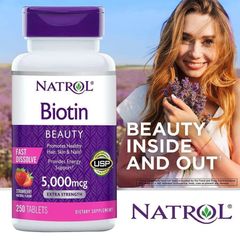Viên Uống Mọc Tóc Natrol Biotin 5000mcg 250 viên Làm Đẹp Da, Chắc Móng Hàng Mỹ