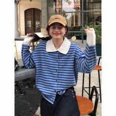 Áo Khoác Len Kẻ Ngang Cổ Bẻ Phong Cách Hàn Quốc Mùa Đông Size M - Chất Liệu Mềm Mịn, Màu Xanh Thời Trang Nữ