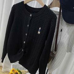 Áo Cadigan Len Nữ Thêu Gấu - Size M Màu Đen, Phong Cách Thời Trang Thu Đông Hàng Ngày