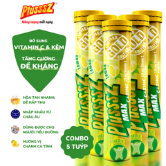 Viên Sủi Plusssz Max Vitamin C & Kẽm Vị Chanh Không Đường - Giải Pháp Tăng Cường Sức Đề Kháng, 20 Viên x 5 Tuýp