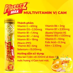 Viên sủi Plusssz Max Multivitamin vị cam không đường - Tăng sức đề kháng, hỗ trợ sức khỏe cho mọi lứa tuổi, hàng nhập khẩu từ Châu Âu