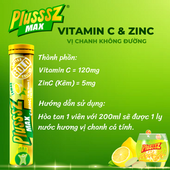 Viên sủi Plusssz Max Vitamin C & Zinc hương chanh - Tăng cường miễn dịch, hỗ trợ sức khỏe - Tuýp 20 viên dễ hòa tan