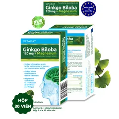 Viên uống bổ não Vitaday Ginkgo Biloba 120mg + Magnesium - Hỗ trợ trí nhớ và giảm căng thẳng - Hộp 30 viên nhập khẩu