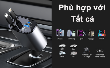 Tẩu Sạc Nhanh 120W 4 IN 1 Dây Cáp Kéo Dài Thu Gọn sạc Siêu Nhanh cho Samsung Iphone...