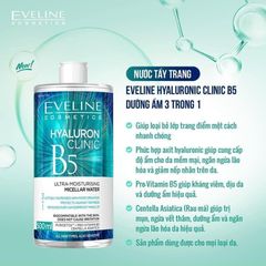 [EVELINE x DLA] Nước tẩy trang Eveline Hyaluronic Clinic B5 500ML chiết xuất rau má lành tính, làm sạch sâu