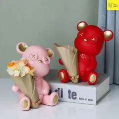 Tượng gấu decor, mô hình gấu decor kèm lọ hoa trang trí bàn học, bàn làm việc, kệ sách
