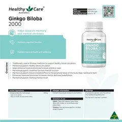Viên Bổ Não Healthy Care Ginkgo Biloba 2000mg - Tăng Cường Trí Nhớ, Giảm Đau Đầu, Hỗ Trợ Lưu Thông Máu Não 100 Viên 626960