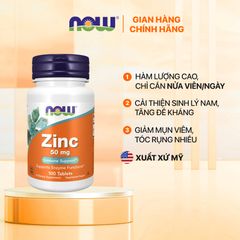 Viên Uống Bổ Sung Kẽm ZinC 50mg Now Foods - Hỗ Trợ Miễn Dịch, Làm Đẹp Da, Giảm Mụn và Cải Thiện Sinh Lý Nam Nữ 627657