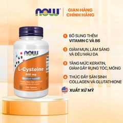 Viên uống Now L-Cysteine 500mg, hỗ trợ sức khỏe da tóc móng với Vitamin B6 và C - chăm sóc sức khỏe hàng ngày