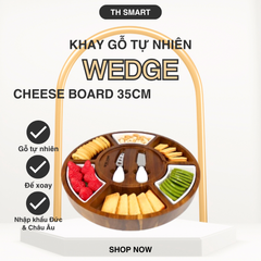 Khay Đựng Cheese WEDGE 35cm Gỗ Tự Nhiên Đế Xoay - Đĩa Phục Vụ Thưởng Thức Phô Mai Sang Trọng Kèm 2 Dao Chuyên Dụng
