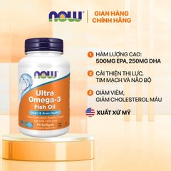 Viên uống bổ sung dầu cá Omega-3 Ultra Now Foods (500 EPA / 250 DHA) - Hỗ trợ sức khỏe mắt và tim mạch, 180 viên nang mềm 630788