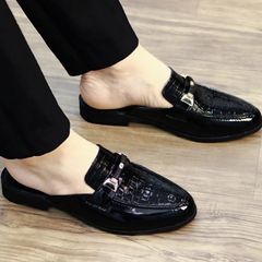 Giày sục nam DAVINCIA da bóng kính tráng gương, Sục lười da PU mềm đính băng xích trang trí trẻ trung tinh tế T16