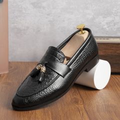 Giày lười da mềm DAVINCIA dập vân cá sấu đế cao su đúc, giầy tây da PU mềm gắn chuông vàng sang trọng G12