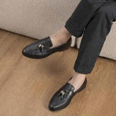 Giày lười da mềm DAVINCIA dập vân cá sấu đế cao su đúc, giầy tây da PU mềm gắn chuông vàng sang trọng G12