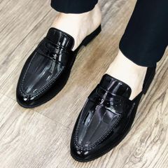 Sục nam da bóng kính DAVINCIA, Giày sục da mềm đế cao su đúc nguyên khối chống trơn trượt có khâu G37