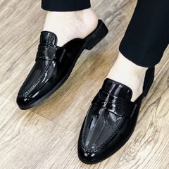 Sục nam da bóng kính DAVINCIA, Giày sục da mềm đế cao su đúc nguyên khối chống trơn trượt có khâu G37