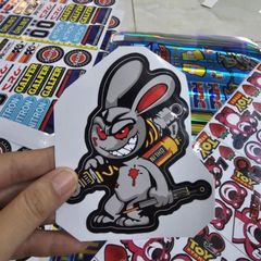 Tem sticker thỏ điên cầm phuộc OH 10cm trang trí xe máy, điện thoại, laptop