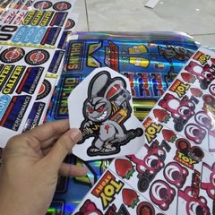 Tem sticker thỏ điên cầm phuộc OH 10cm trang trí xe máy, điện thoại, laptop