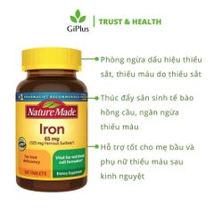 Viên uống bổ sung sắt Nature Made Iron 65mg 365 Tablets hỗ trợ sức khỏe hằng ngày