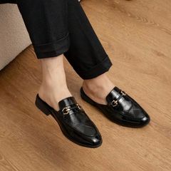 ( Mã D64 ) Giày sục nam da bóng kính in họa tiết nổi , Giày hở gót da mềm gắn băng xích vàng không rỉ đế cao su đúc 640948