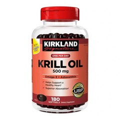 Dầu nhuyễn thể Kirkland Krill Oil Omega-3 + Astaxanthin 500mg - Hỗ trợ sức khỏe tim mạch và sức khỏe tổng thể, 180 viên của Mỹ 643042
