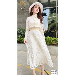 (size S ) SET VÁY REN DÁNG DÀI KÈM KHOÁC CHOÀNG RỜI HÀNG REN DÀY DẶN 2 LỚP