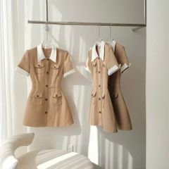 (Size S) đầm cộc tay nâu phối trắng nhiều túi  cúc đen công sở dáng ngắn