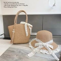 túi cói đi biển tua rua kèm nón cói vành rộng che nắng chống tia UV