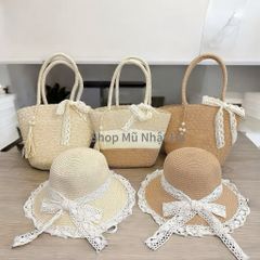 túi cói đi biển tua rua kèm nón cói vành rộng che nắng chống tia UV
