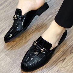 Giày sục da bóng kính tráng gương DAVINCIA, Sục nam da PU mềm đính băng xích trang trí trẻ trung tinh tế G40