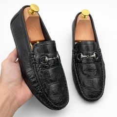 Giày Moca đế bệt DAVINCIA da PU dập vân cá sấu sắc nét, Giầy lười da mềm đế siêu nhẹ có khâu đế chắc chắn G31