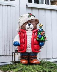 Gấu ông già Noel 2025 cầm đèn và cây thông LED lấp lánh